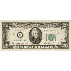 UNITED STATES OF AMERICA 1991 . TWENTY 20 DOLLARS BANKNOTE . ERROR . WET INK TRANSFER IN GREEN